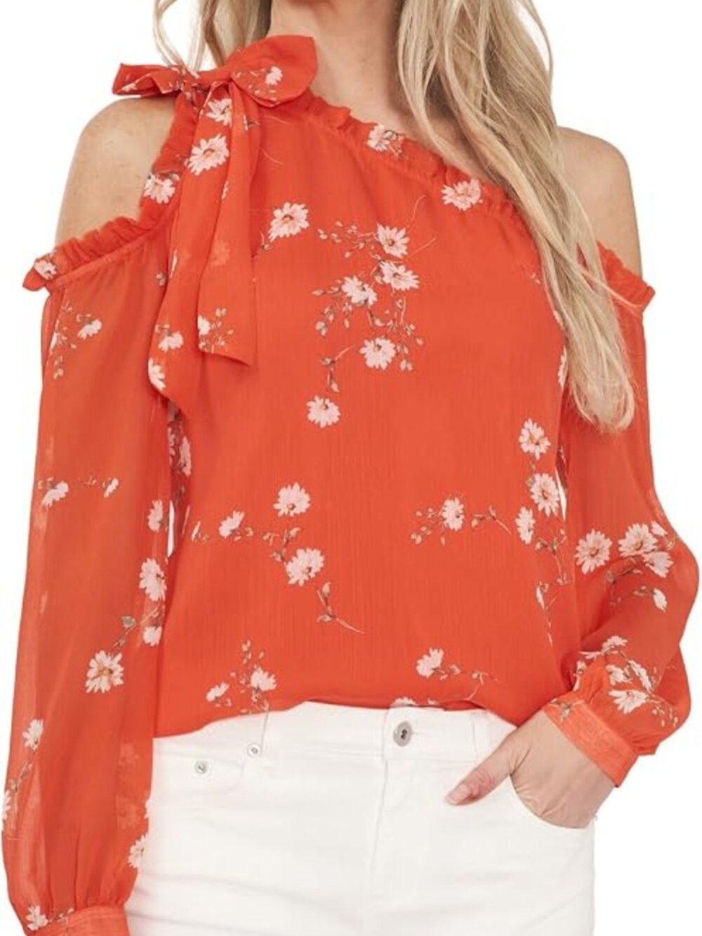 CeCe Women’s XL Orange Floral Cold Shoulder Blouse Tie Neck Long Sleeve Top